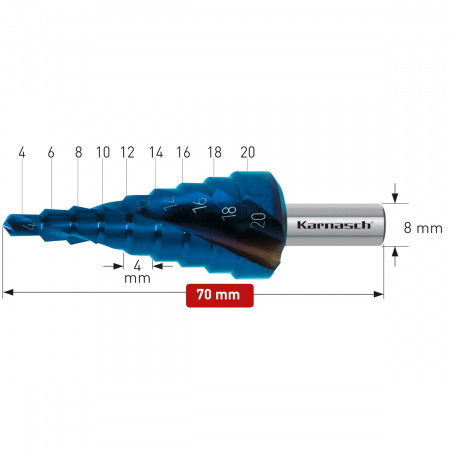 Ступенчатое сверло по металлу Karnasch Ø4-20 мм с покрытием Blue Dur арт. 20.1448