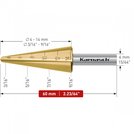 Коническое сверло Karnasch 3-14 мм с покрытием Tin-Gold арт. 21.3019
