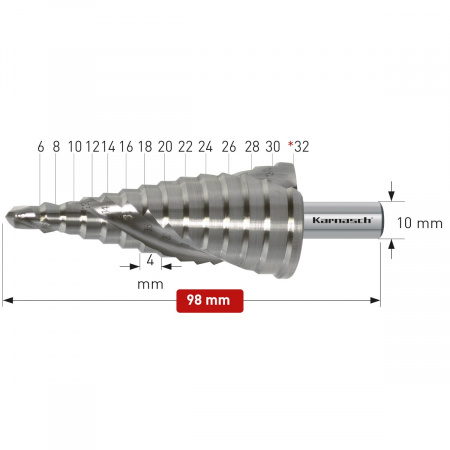 Ступенчатое сверло по металлу Karnasch Ø6-30 мм арт. 20.1449U