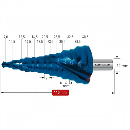 Ступенчатое сверло Karnasch Ø7-40,5 мм с покрытием Blue Dur арт. 20.1451
