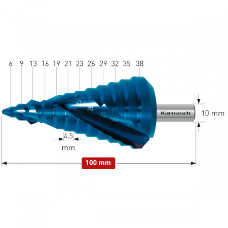 Ступенчатое сверло Karnasch Ø6-38 мм с покрытием Blue Dur арт. 20.1470